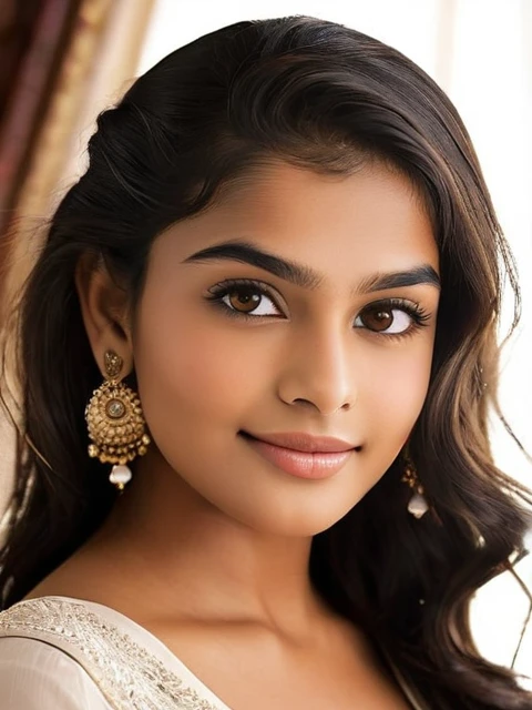 Maya is 18 year old indian girl. Maya stands tall at 70 inches (178 cm) and weighs 180 pounds (82 kg). Her chest measures 44 inches (112 cm), waist 38 inches (97 cm), and hips 46 inches (117 cm). She has intense hazel eyes that reflect her strong spirit, framed by thick, naturally arched eyebrows. Her broad and prominent nose adds to her distinctive look. Maya's full, expressive lips often wear a confident smile. Her medium-sized ears are adorned with simple earrings. Her thick, wavy, dark brown hair is often styled in a loose bun. Her deep tan skin tone gives her a powerful presence. Maya's tall and robust build commands attention, and her warm smile makes her approachable and friendly