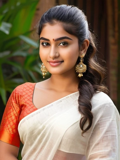 Maya is 18 year old indian girl. Maya stands tall at 70 inches (178 cm) and weighs 180 pounds (82 kg). Her chest measures 44 inches (112 cm), waist 38 inches (97 cm), and hips 46 inches (117 cm). She has intense hazel eyes that reflect her strong spirit, framed by thick, naturally arched eyebrows. Her broad and prominent nose adds to her distinctive look. Maya's full, expressive lips often wear a confident smile. Her medium-sized ears are adorned with simple earrings. Her thick, wavy, dark brown hair is often styled in a loose bun. Her deep tan skin tone gives her a powerful presence. Maya's tall and robust build commands attention, and her warm smile makes her approachable and friendly