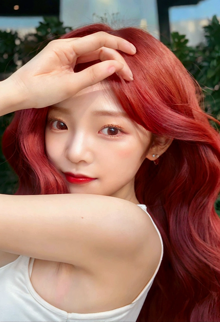 a close up of a woman with red hair posing for a picture, portrait jisoo blackpink, jisoo of blackpink, jisoo from blackpink, sun yunjoo, with red hair, portrait of jossi of blackpink, tzuyu from twice, glowing crimson head, jossi of blackpink, park ji-min, red dyed hair, with pink hair, she has red hair