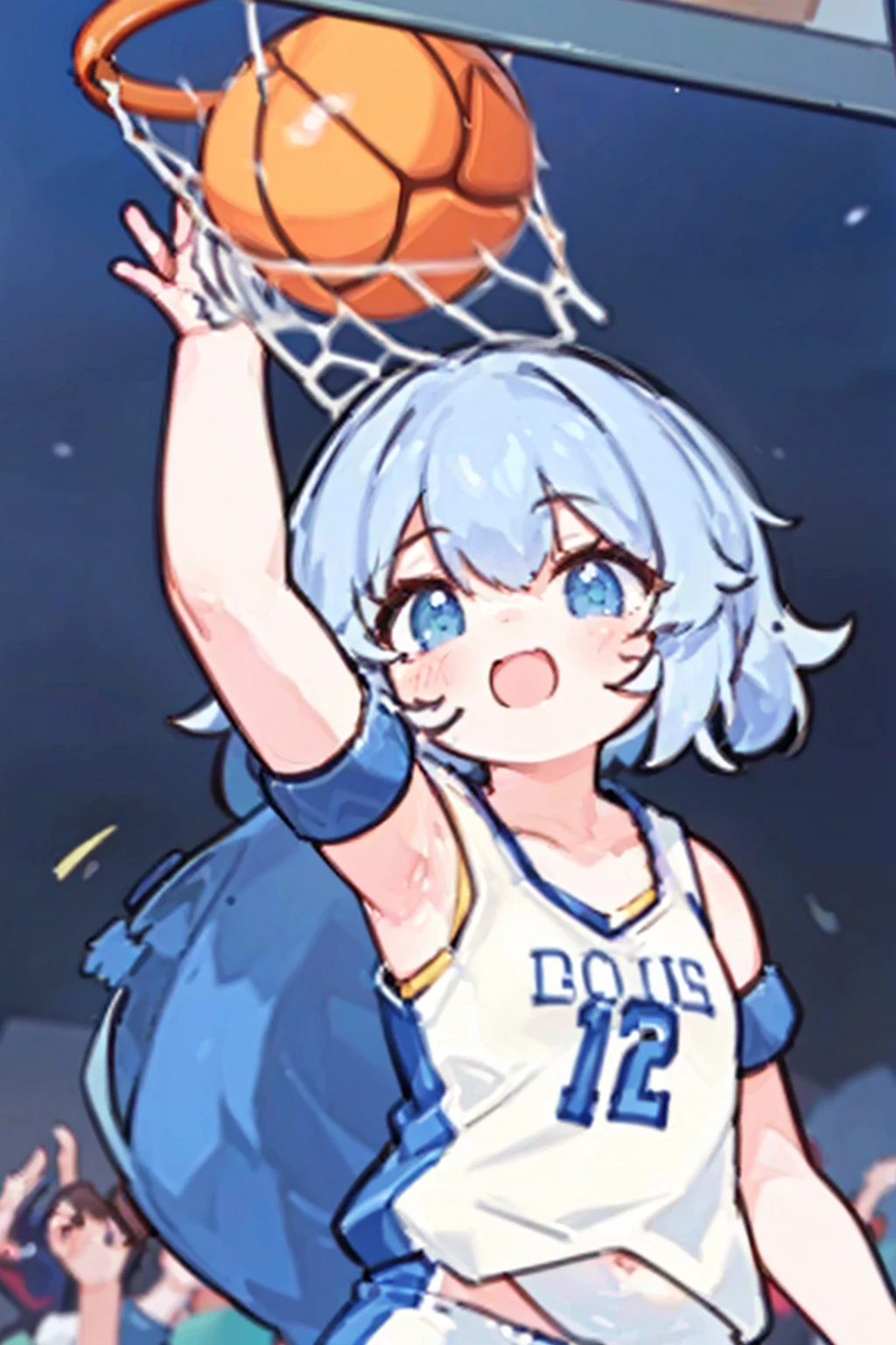 (Highest quality, 8k, 32k, Perfect body, Ultra detailed face, , Detailed eyes),dunk shoot, Game-Winning Dunk, powerful basketball Dunk,1girl, cute face, jumping,