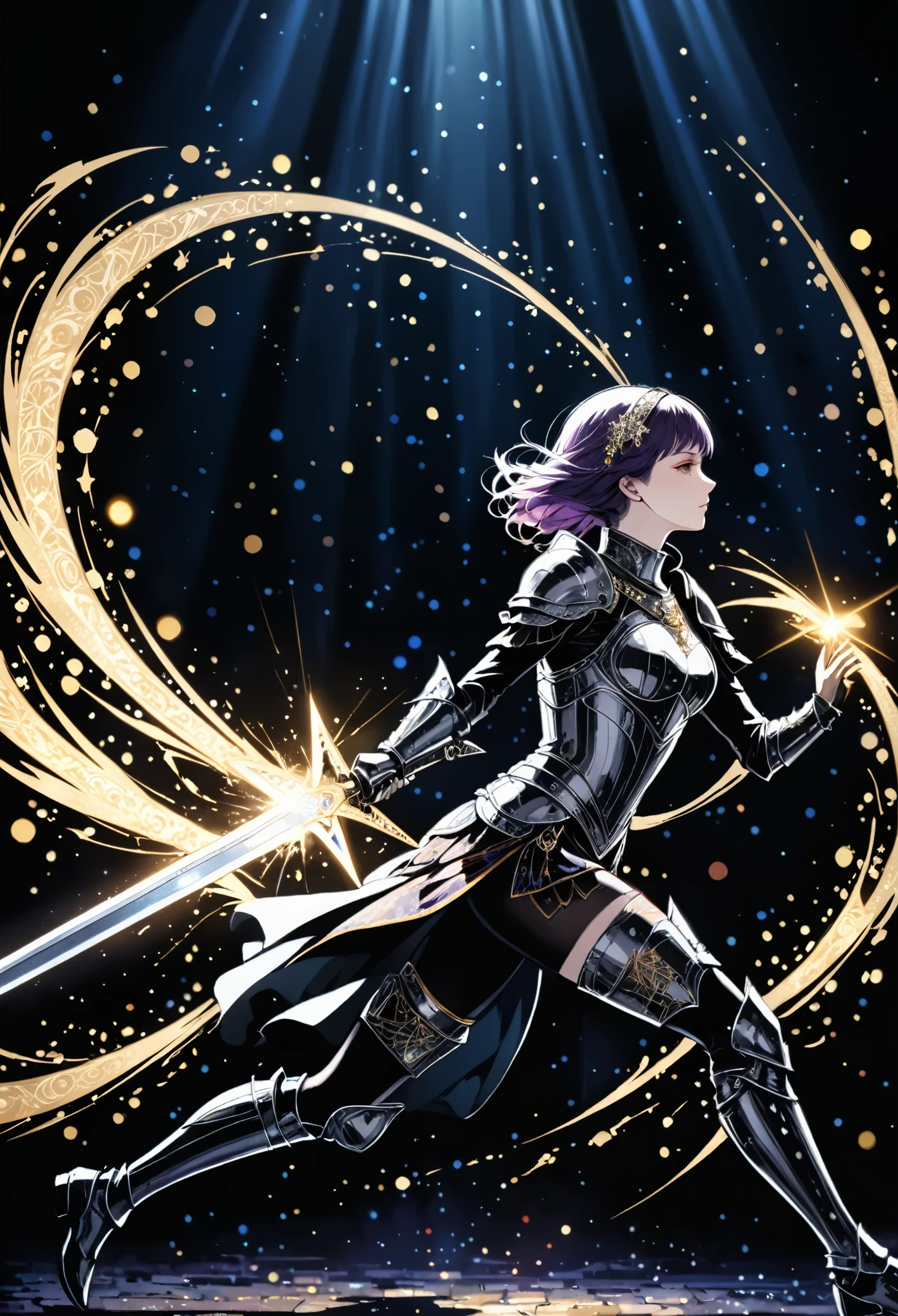 in style of Harry Clarke，best quality, masterpiece, high resolution, 1girl，knight，Magic array special effects，Pentagram，Sword light particle burst，(((Running action，Bend and sprint，Holding the Two-handed greatsword )))，Shines brightly，Tyndall effect,Reality, Dark Studio, Edge lighting, Two-tone lighting,(High Detail Skin:1.2), 8K uhd, Digital SLR Camera, Soft lighting, high quality, Volumetric Lighting, frank, photo, high resolution, 4K, 8K, (((Bokeh, Motion Blur，blur background)))，Particle foreground scattering，