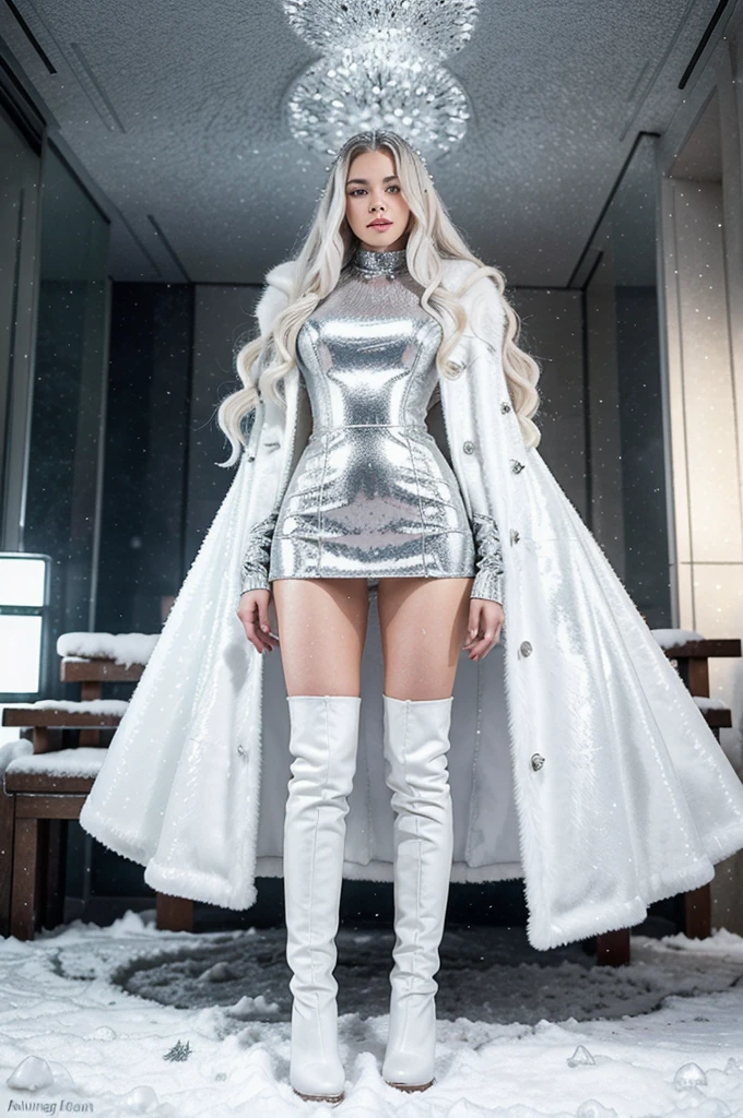 A full-body image of Aurora Sterling, a glamorous diva, in a winter wonderland setting. She is wearing a luxurious white fur coat over a sparkling silver dress, paired with knee-high boots. Her long platinum blonde hair is styled in loose waves, and she is surrounded by falling snow and twinkling lights.