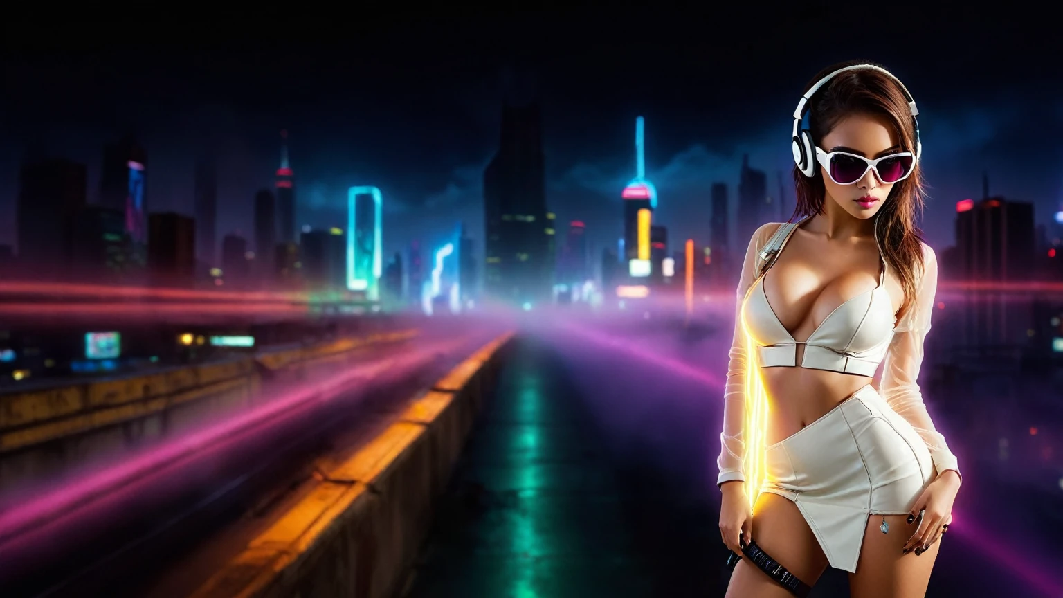 dark futuristic landscape, at night, neon lights, Atmospheric fog, large buildings in the background, futuristic city, streets with open shops, skyscraper (postapocalyptic city:1.3). (((1girl, solo, alone))), large-breast:1.2 slim body, cleavage:1.1, sexy miniskirt, (((headphone, black sunglasses, standing and holding pistol pose))), (((half-body thigh level medium shot))), cinematic lighting, lens flare, ray tracing.