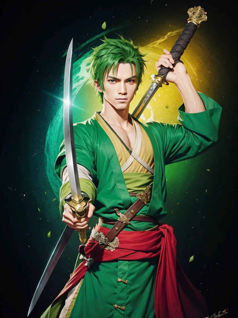 A swordsman, with green clothes, short green hair, with swords in hand.