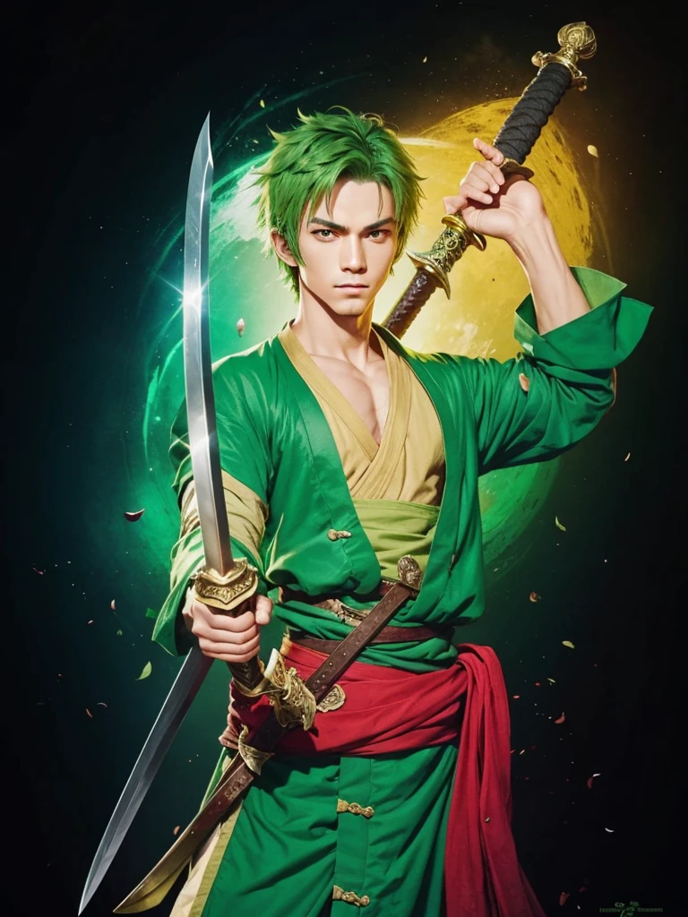 A swordsman, with green clothes, short green hair, with swords in hand.
