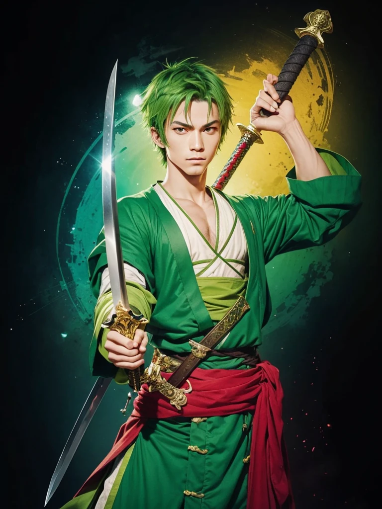 A swordsman, with green clothes, short green hair, with swords in hand.