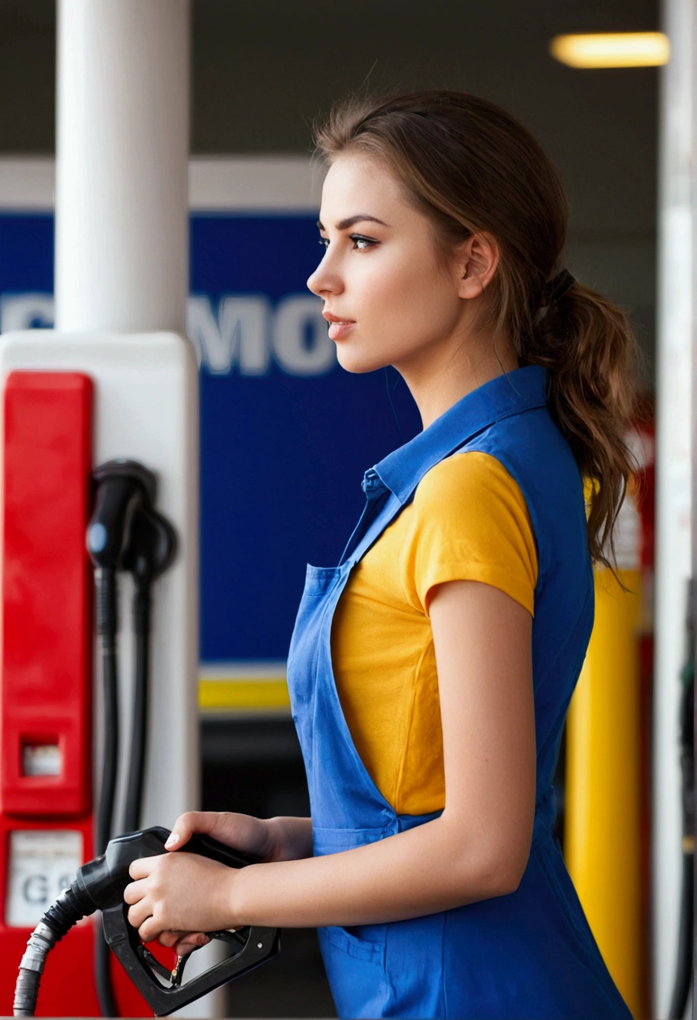 Beautiful young sensual woman working at a gas station