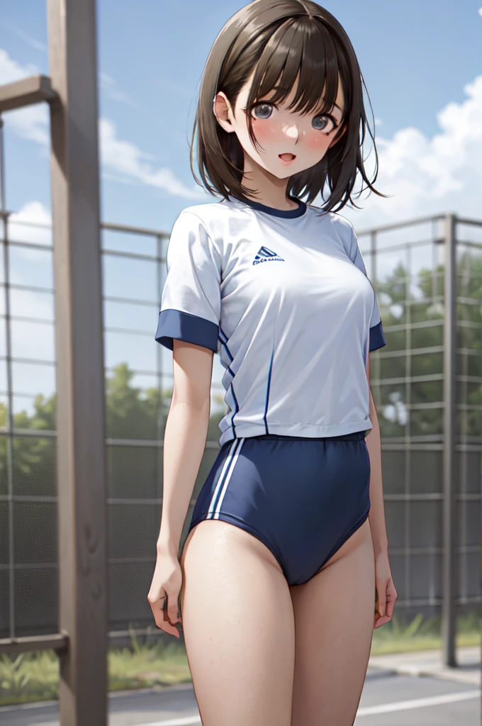 masterpiece, best quality, highres, aanene, short hair, buruma,gym uniform, standing, cowboy shot, outdoors, ahegao,nsfw,