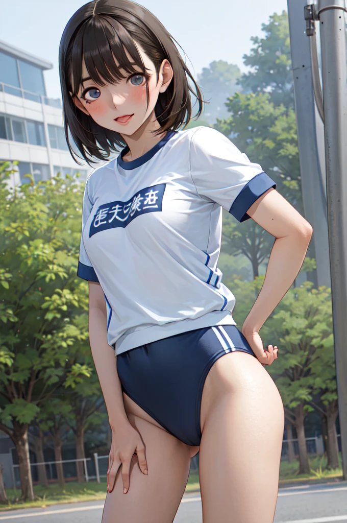 masterpiece, best quality, highres, aanene, short hair, buruma,gym uniform, standing, cowboy shot, outdoors, ahegao,nsfw,