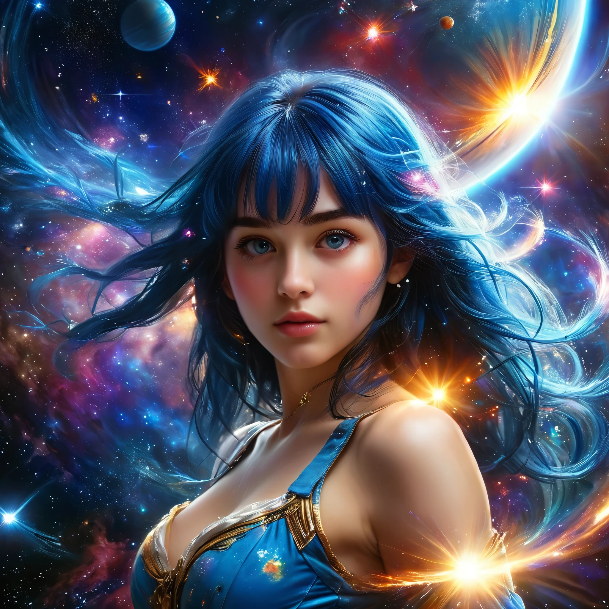 a photo of a beautiful girl with long blue hair,  bangs, and detailed face looking at the viewer, stunning detailed portrait of anesimar flying in space, detailed galaxy and planets, 4k, best quality, extremely detailed, masterpiece, realistic, photo-realistic, ultra-fine painting, vivid colors, studio lighting