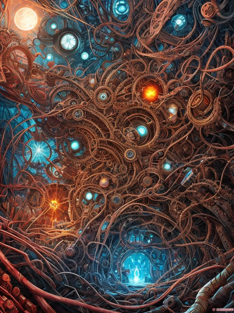 Place of Horror in the Quantum Realm. Mechanical biomorphism, horror art. Intricate detail, maximalist perfect illustration, digital painting art