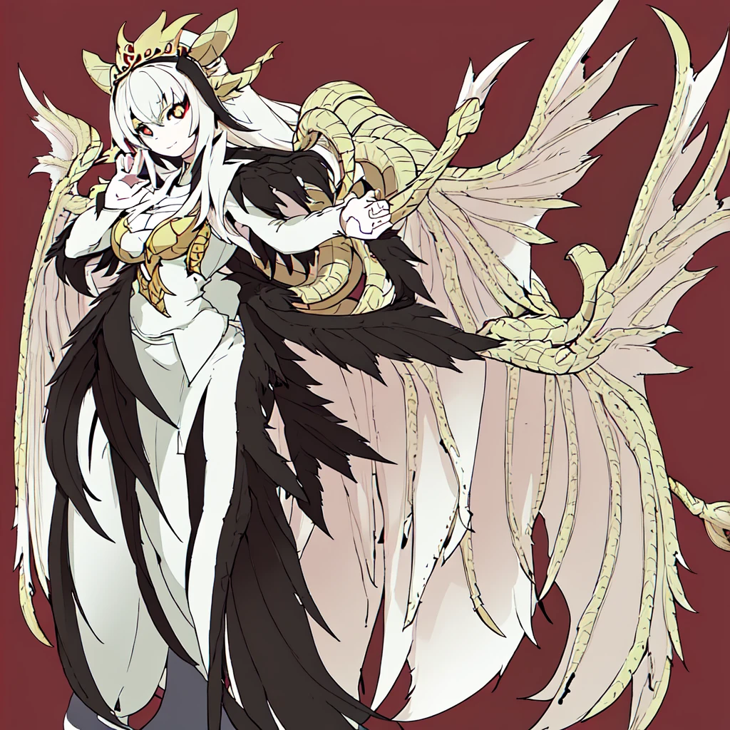 Masterpiece, high quality, dragon girl, White glue, white scales, feathered wings, pose noble, golden tiara, pink eyes, feathers at the end of the tail, White skin, black hair, long curly hair, Royals