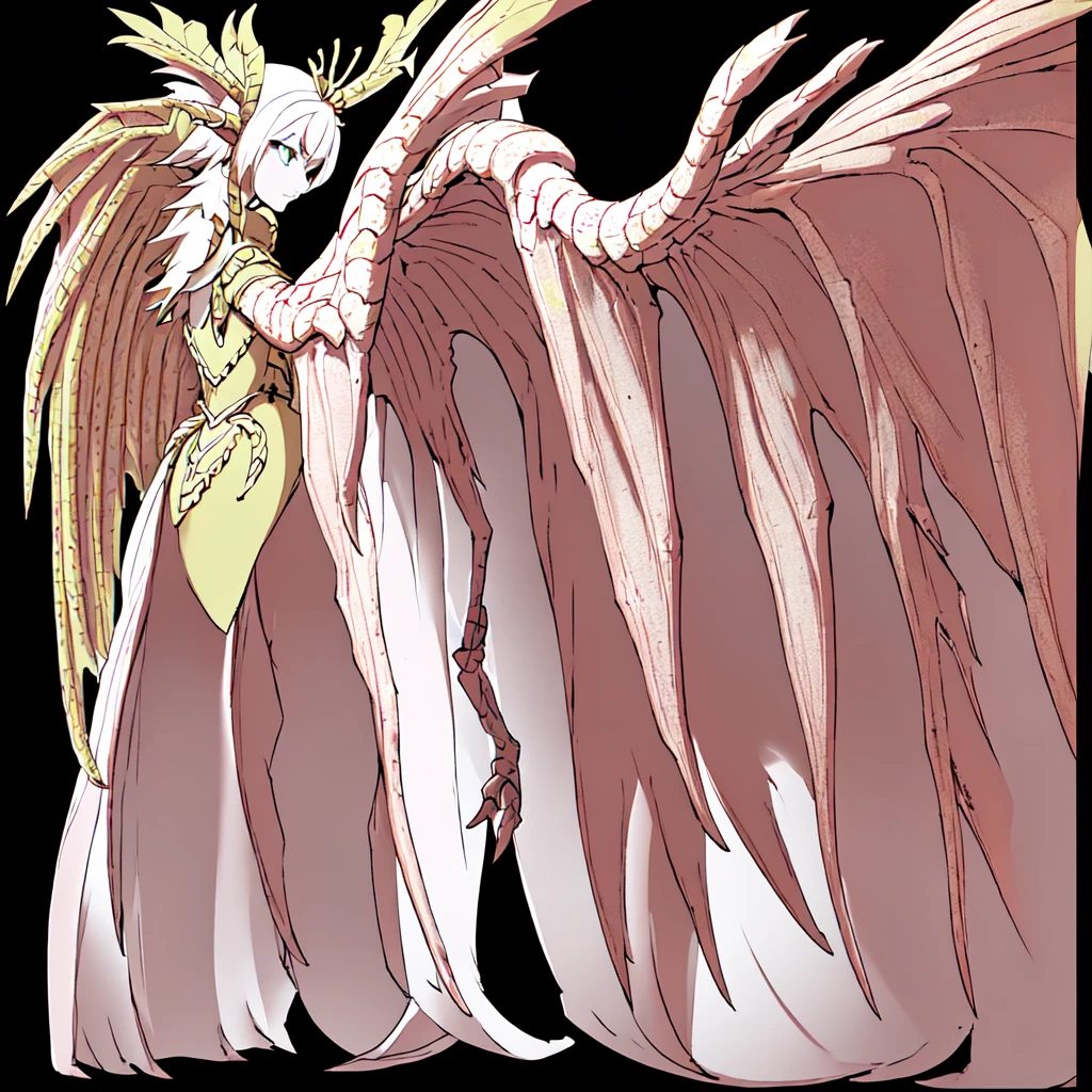 Masterpiece, high quality, dragon girl, White glue, white scales, feathered wings, pose noble, golden tiara, pink eyes, feathers at the end of the tail, White skin, black hair, long curly hair, Royals