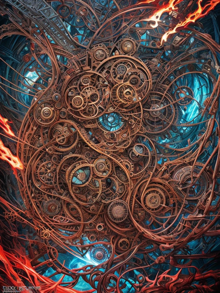 Place of Horror in the Quantum Realm. Mechanical biomorphism, horror art. Intricate detail, maximalist perfect illustration, digital painting art
