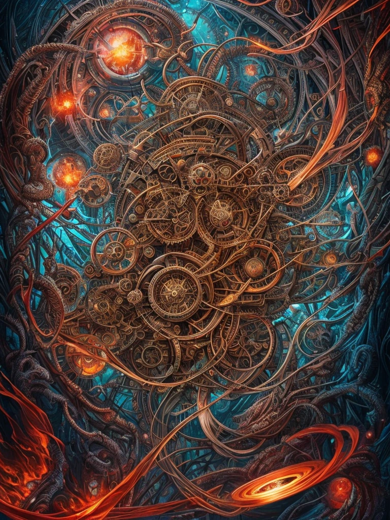 Place of Horror in the Quantum Realm. Mechanical biomorphism, horror art. Intricate detail, maximalist perfect illustration, digital painting art