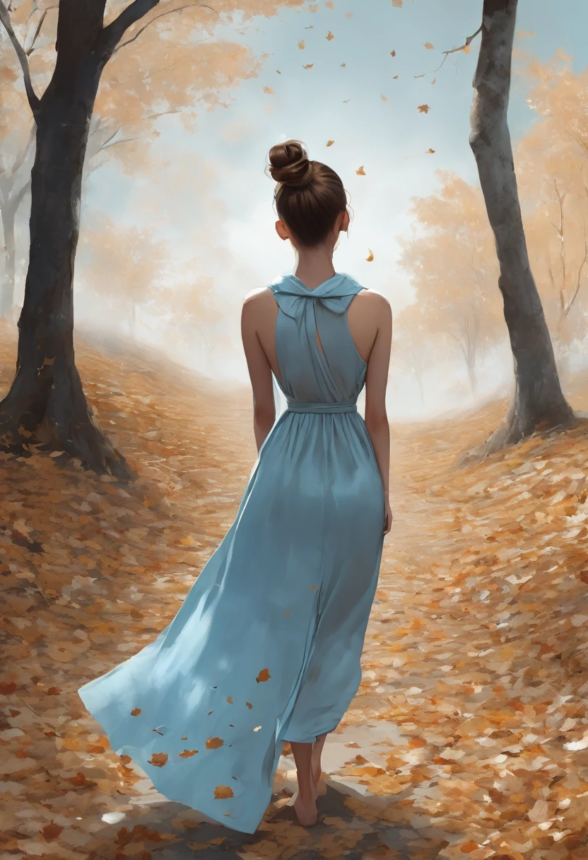 Woman from the back with light blue dress open white, Light brown bun hair, dry leaves on the ground and falling