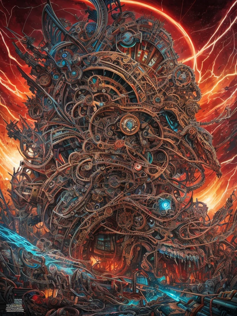 Place of Horror in the Quantum Realm. Mechanical biomorphism, horror art. Intricate detail, maximalist perfect illustration, digital painting art