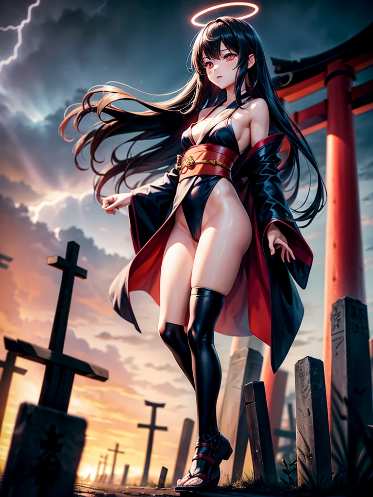 Highest Resolution,Highest quality,A beautiful girl with no expression in a kimono leotard,(((Missing legs))),High leg,Floating in the air,Very beautiful red eyes,Black hair semi-long hair,Halo,thunderstorm,Bad weather,Japanese Cemeteries,A road lined with gravestones,1Two Red Torii Gates,Company,Bamboo grove,lightning,Lightning strikes,whole body,up,front,