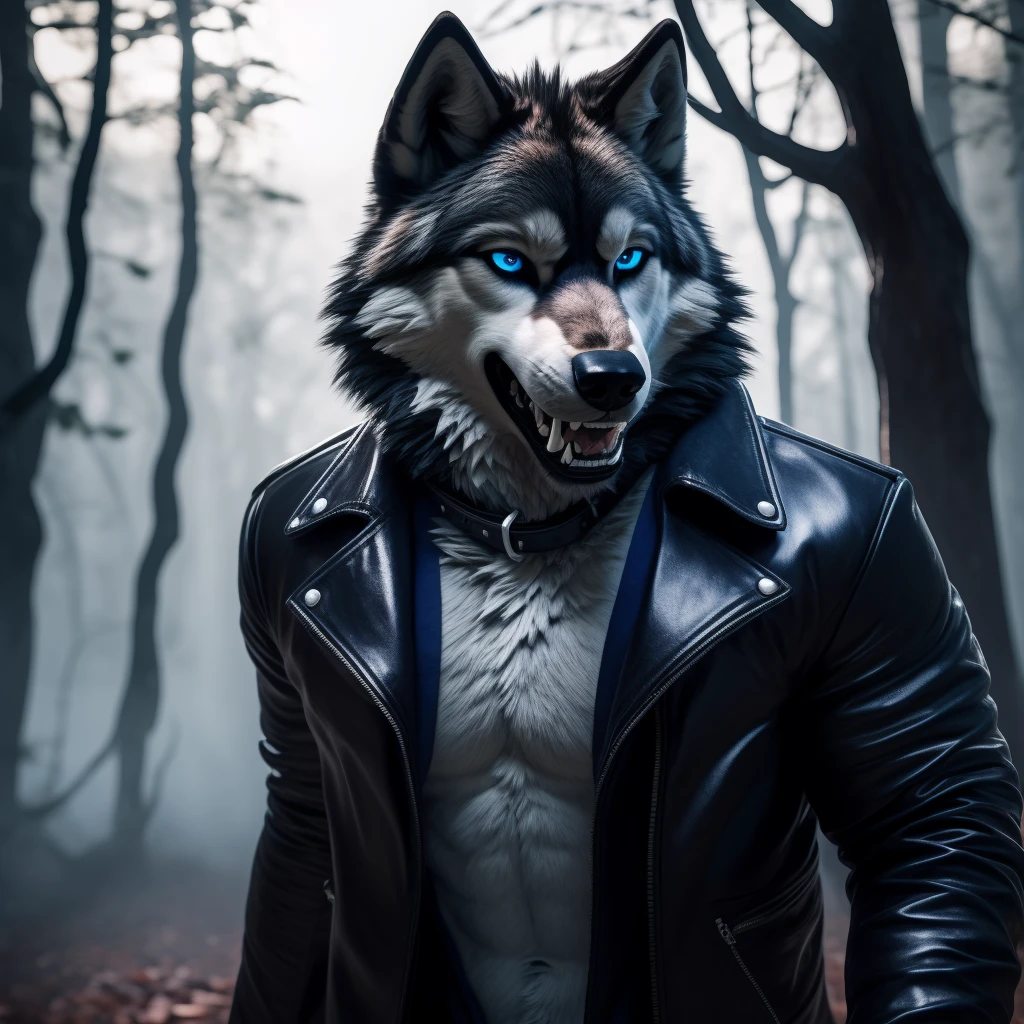 Posing, Male, 30 years old, eyeliner, black leather jacket, anthro, wolf ears, (black fur:1.5), wolf, forest background, 8k, hi res, (best quality, masterpiece), (wolf tail:1.5), detailed fur, solo, blue jeens, blue eyes, collar, evil grin, crazy expression, barring teeth, foaming at the mouth