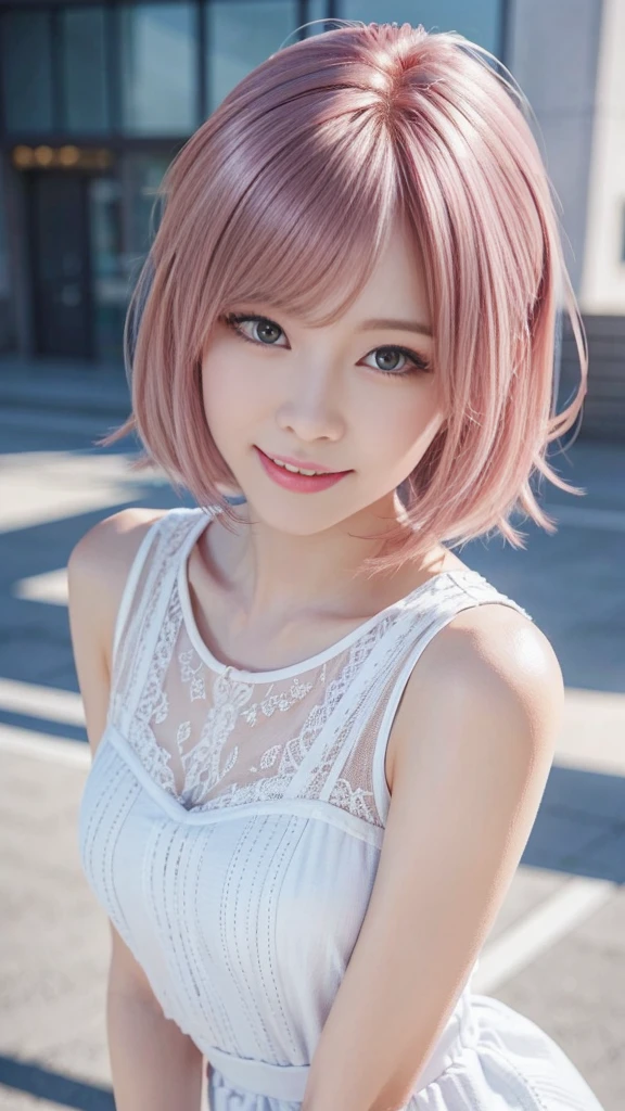 A woman with pink hair and a white dress, Anime realism style, Unreal 5. RPG Portrait, cgsociety portrait, Realistic art style, Smooth anime CG art, Photorealistic Anime Girl Rendering, Realistic anime 3D style, Loss Draw 1. 0, Realistic 3D animation, ArtJam ; 3d unreal engine, Realistic anime art style，The background is the city，The best smile