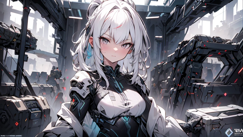 1 girl, solo, alone, stand alone, High detail mature face, long ponytail silver hair, gold eyes, white china dress with black strip, wear black head band, high res, ultra sharp, 8k, masterpiece, looking at viewer, long black gloves, Sharp eyes, holding a rifle weapon. ((Best quality)), ((masterpiece)), 3D, HDR (High Dynamic Range),Ray Tracing, NVIDIA RTX, Super-Resolution, Unreal 5,Subsurface scattering, PBR Texturing, Post-processing, Anisotropic Filtering, Depth-of-field, Maximum clarity and sharpness, Multi-layered textures, Albedo and Specular maps, Surface shading, Accurate simulation of light-material interaction, Perfect proportions, Octane Render, Two-tone lighting, Wide aperture, Low ISO, White balance, Rule of thirds,8K RAW, Aura, masterpiece, best quality, Mysterious expression, magical effects like sparkles or energy, flowing robes or enchanting attire, mechanic creatures or mystical background, rim lighting, side lighting, cinematic light, ultra high res, 8k uhd, film grain, best shadow, delicate, RAW, light particles, detailed skin texture, detailed cloth texture, beautiful face, fighting stance