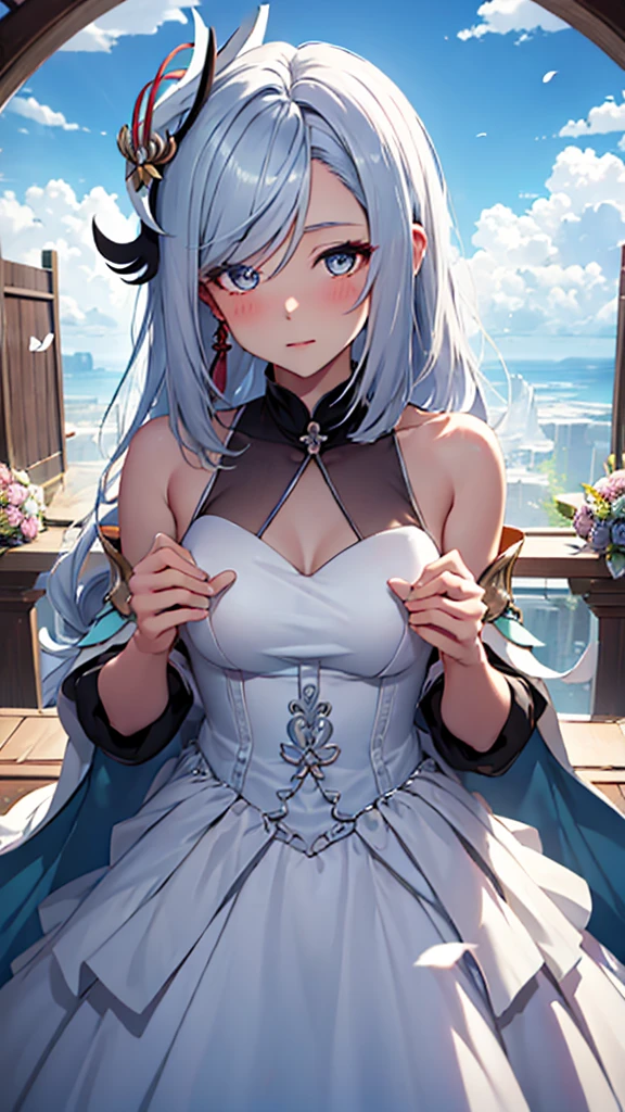 Shenhe (genshin impact ) ,long silver hair braids ,wedding dress (gown)black ,open area ,clouds , looking at viewer, , blush,dynamic pose ,high-quality ,petals, blue flowers