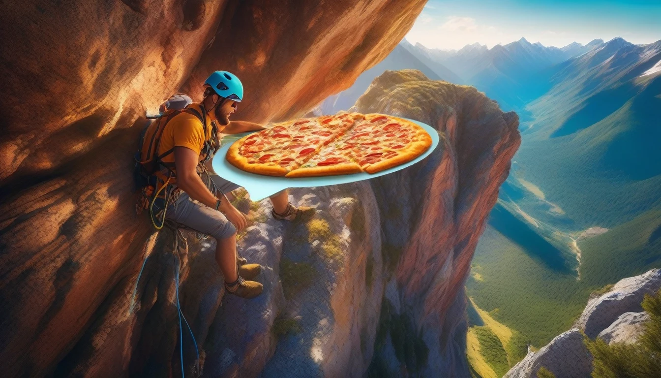 A colorful and eclectic photograph in a photorealistic and cinematic style. A climber hanging in the middle of climbing a very high mountain, enjoying a slice of pizza at a stop seen in full body, further away on the screen, from head to toe. In the background there is a mountain range and the sky is very blue and illuminated by the bright sun. A playful and magical atmosphere, the work presents a layered, three-dimensional quality, as if different elements had been glued to the canvas in a natural and realistic way. The composition evokes a feeling of introspection and complexity of thought. The mixed media feel of the piece contributes to the tactile and immersive experience, inviting the viewer to explore the depths of the climber's thoughts and emotions. Add more, photo, fashion, vibrant, 3D rendering, cinematic, landscape.