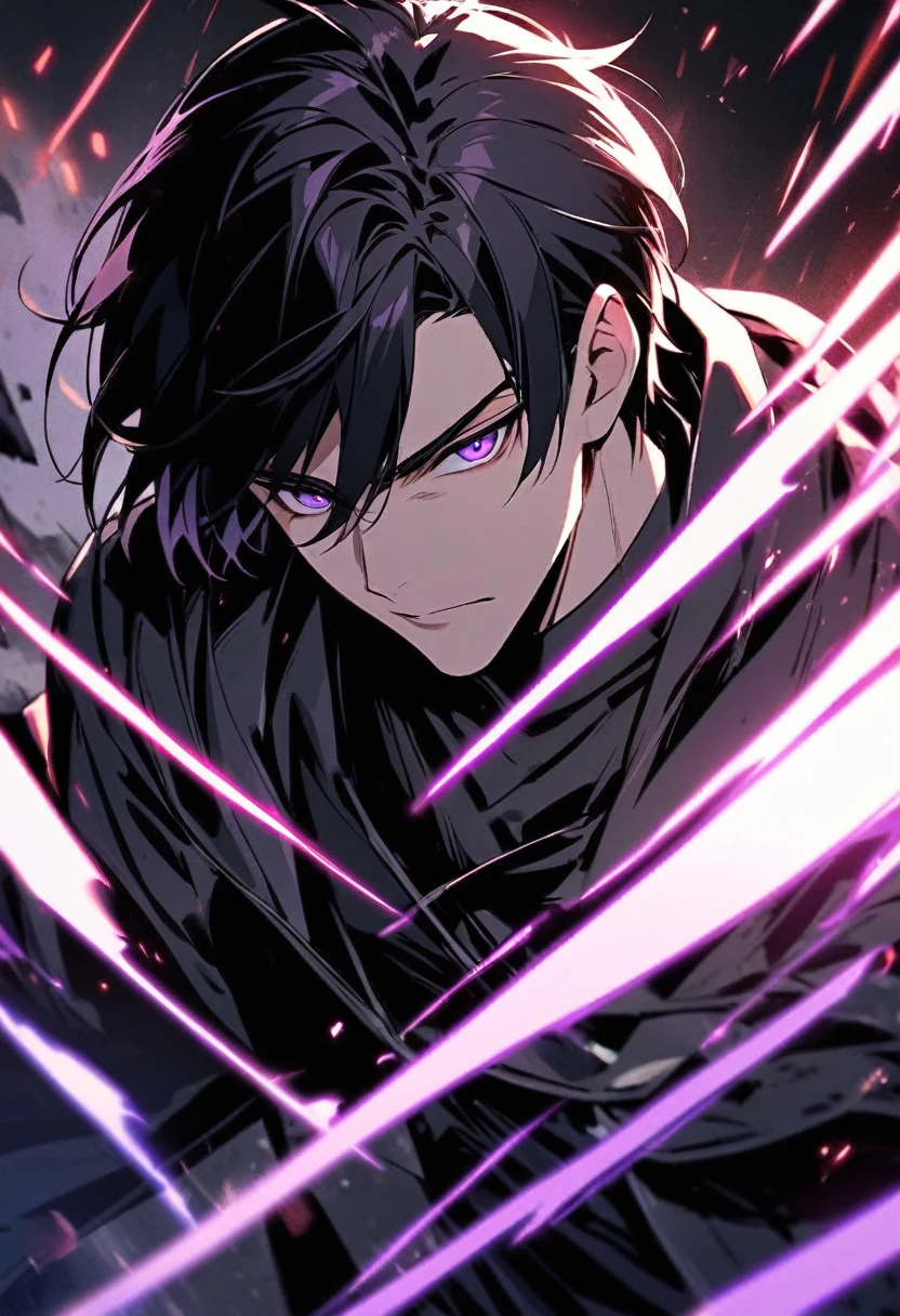 handsome, alone, 1 man, short hair, black hair, purple eyes, black shirt, black coat, Lots of power