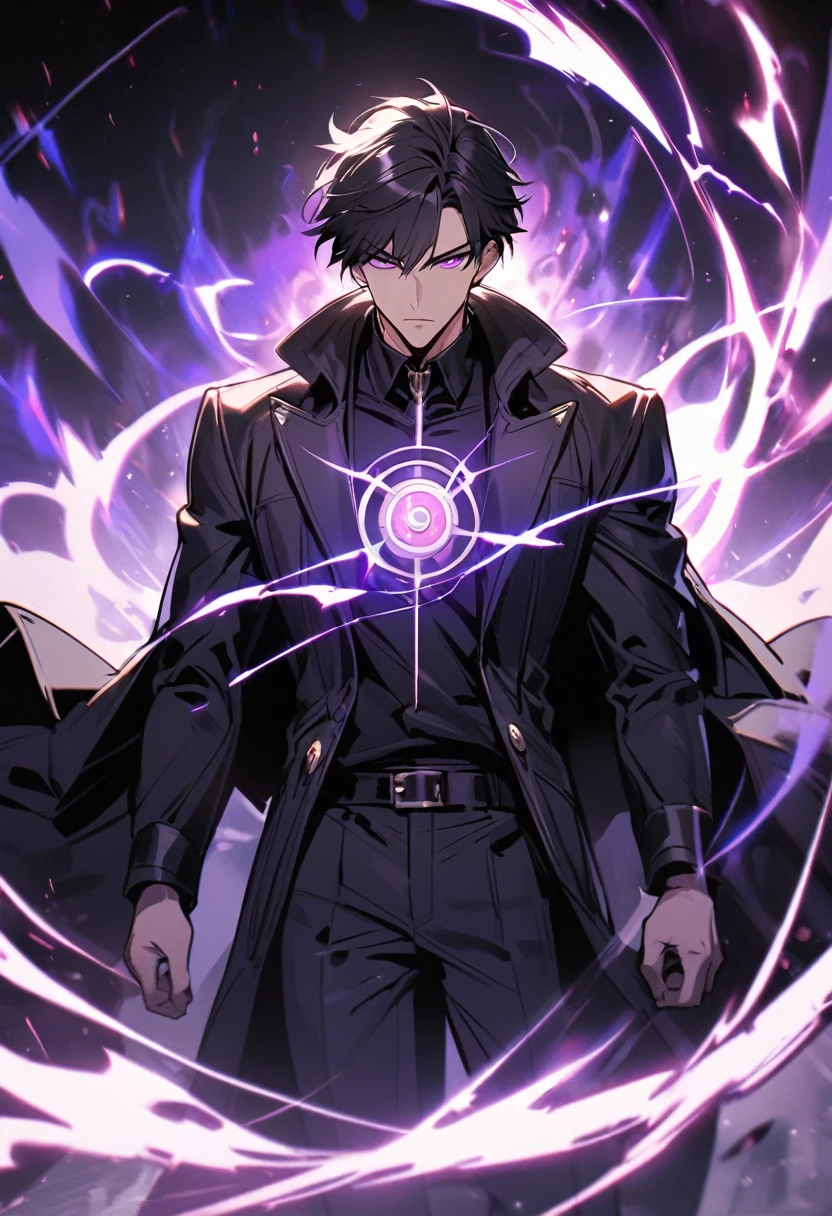 handsome, alone, 1 man, short hair, black hair, purple eyes, black shirt, black coat, Lots of power