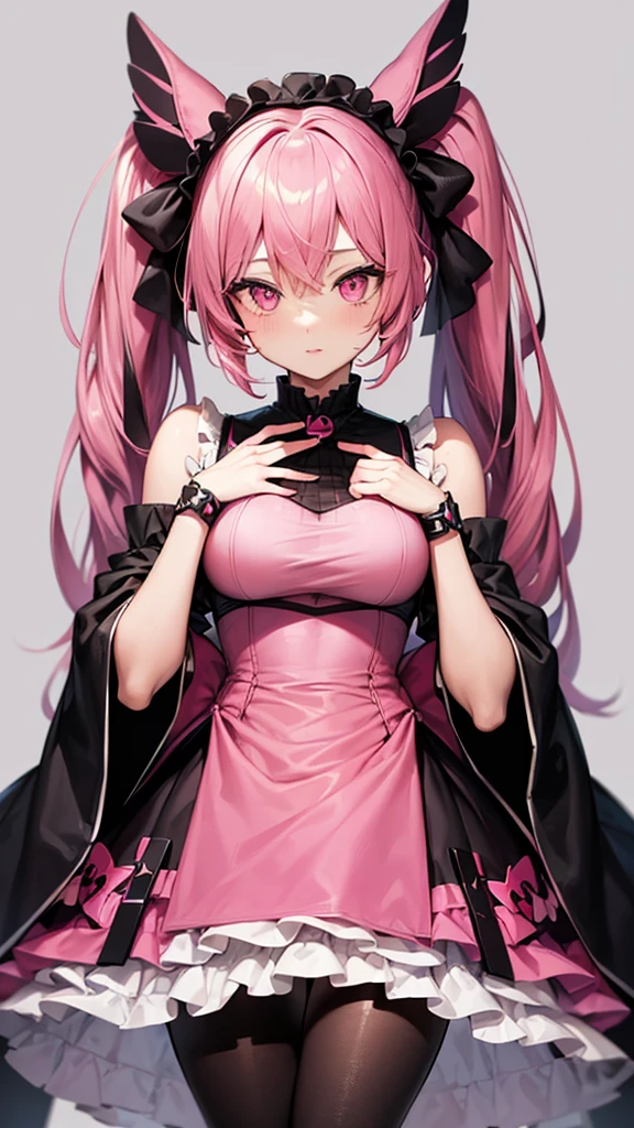 (Highest quality,Super detailed,girl),black tights,Pink Hair,Height: 160cm,cute,Pink Eyes,Twin tails,Big Breasts,I&#39;m wearing a pink skirt,Her eyes are white and shining,Has bright white eyes,Looking at me with a shy look on his face,