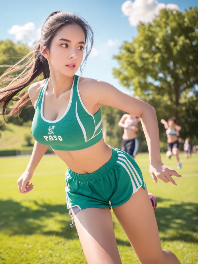 a sporty girl, athletic girl, beautiful detailed eyes, beautiful detailed lips, extremely detailed eyes and face, long eyelashes, girl in sports bra and shorts, running pose, dynamic motion, outdoor park setting, green grass, blue sky, fluffy clouds, sunlight, warm color tone, cinematic lighting, high quality, 8K, photorealistic, masterpiece