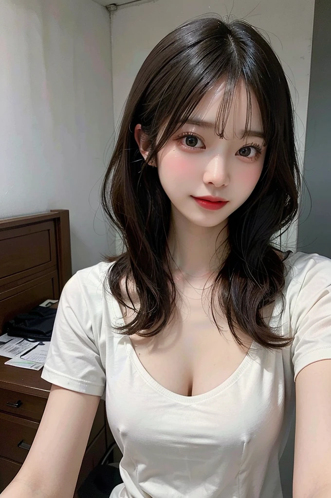 ((best quality)), ((masterpiece)), (detailed), perfect face. Asian girl. Selfie. Blank T-shirt. Bedroom wall. Cleavage.
