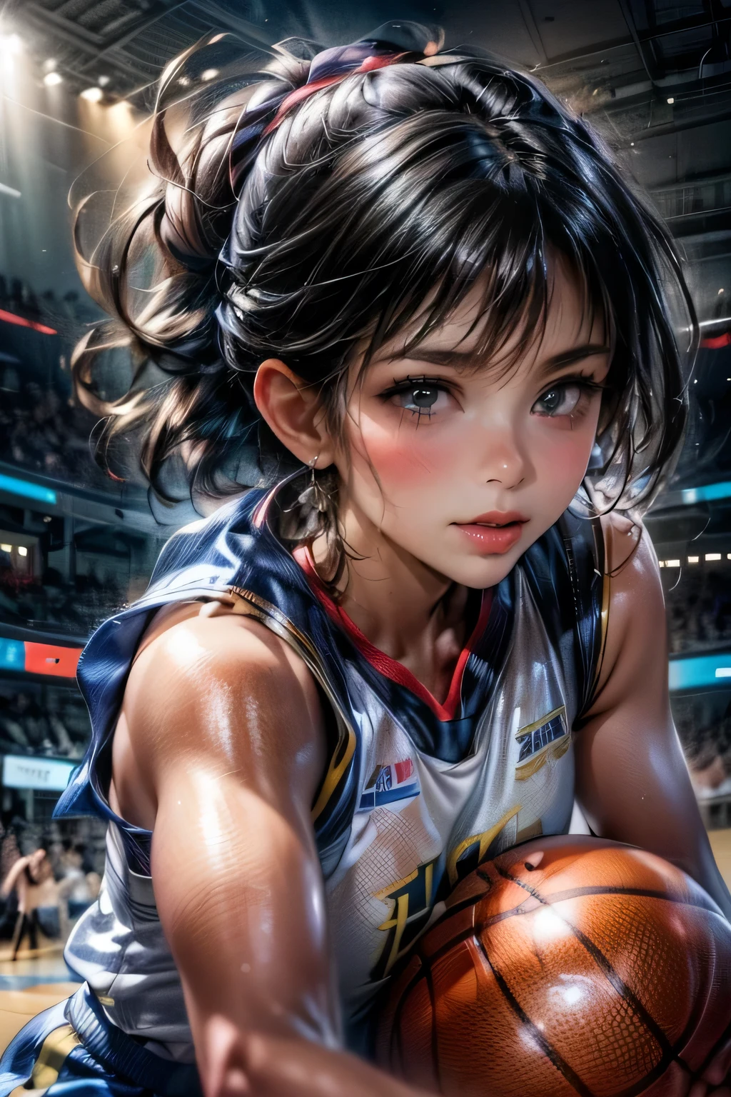 detailed photo of a tall woman in a basketball uniform, beautiful detailed eyes, beautiful detailed lips, extremely detailed face, long eyelashes, muscular athletic build, jumping high for a slam dunk, basketball court environment, people cheering in the background, rim lighting, dynamic basketball gameplay, physically-based rendering, professional sports illustration, vivid colors, dramatic lighting, detailed face, detailed eyes, detailed nose, detailed lips, dynamic action pose, (best quality,4k,8k,highres,masterpiece:1.2),ultra-detailed,(realistic,photorealistic,photo-realistic:1.37)