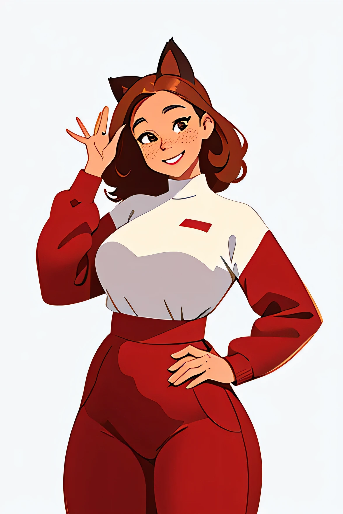 , samdoesarts style beautiful woman, White background ,Sam Style, average hair length, curly, Brown, freckles, Brown eyes, plump build, wide hips, Oversized clothing, Long-sleeved sweater, red and burgundy jumpsuit, golf courses, smiling, cat ears, playful pose, dynamics, Jump up, one hand up