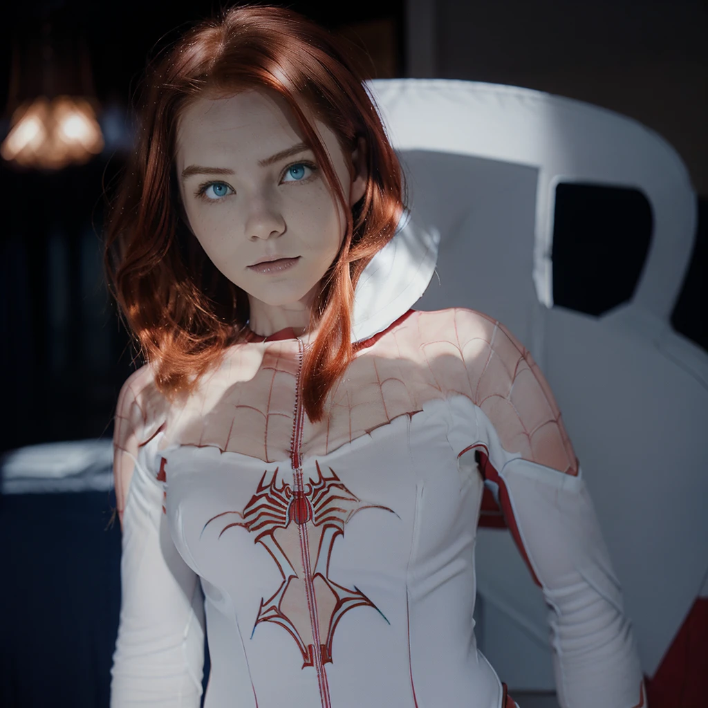 Red hair girl, blue eyes, white skin with spiderman suit 