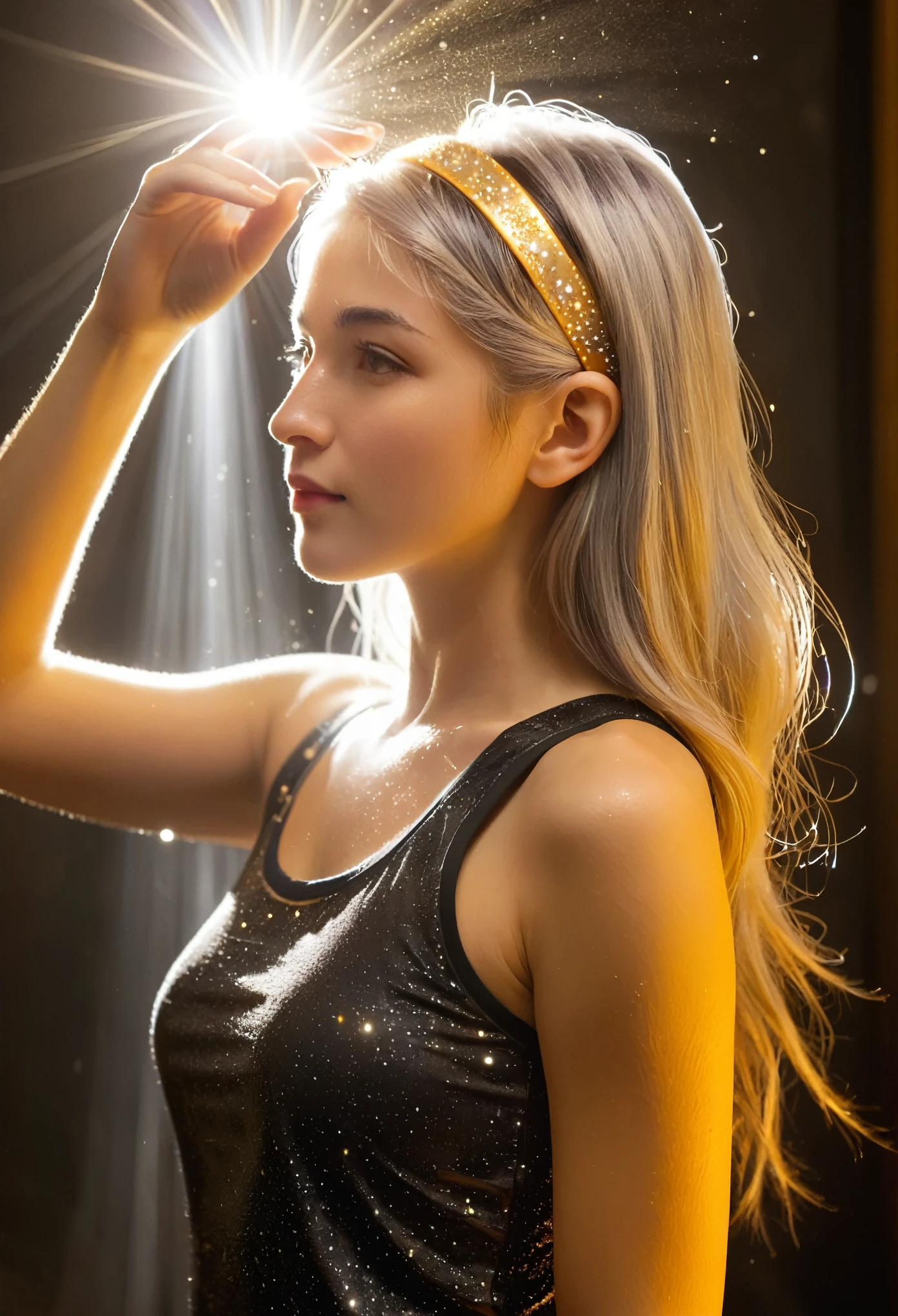 One girl, Gray Hair, Golden Hair, headband headband, Side light, Particles of light, wallpaper, Arm Up, sweating