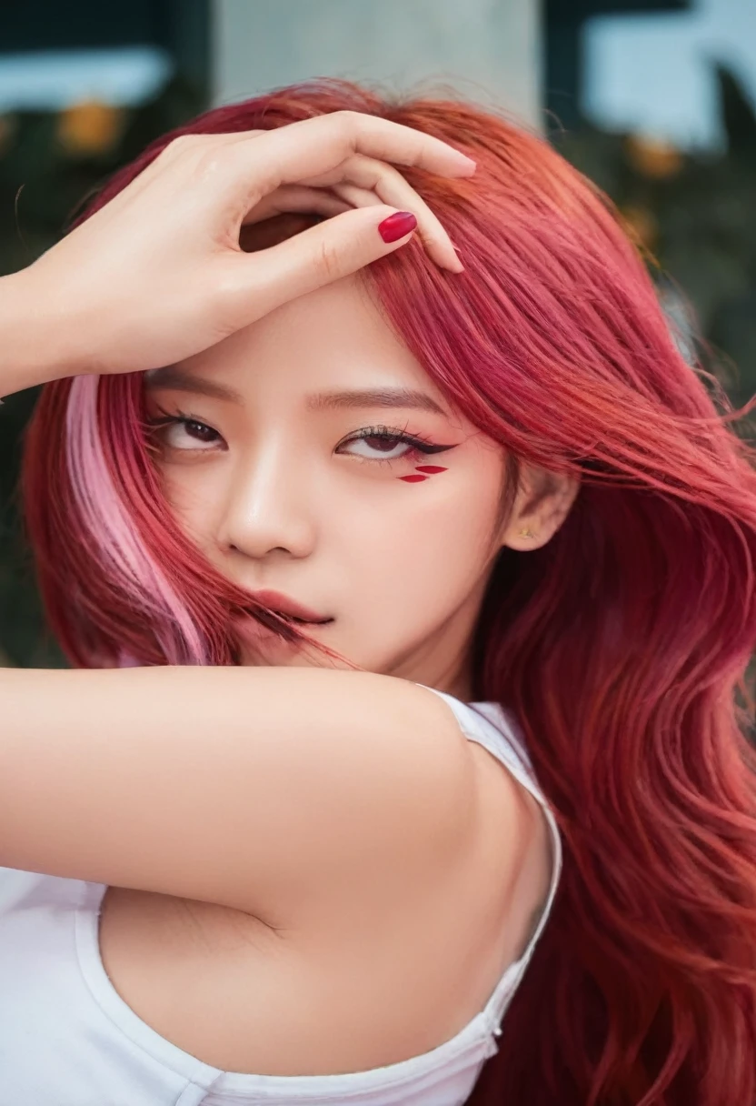 a close up of a woman with red hair posing for a picture, portrait jisoo blackpink, jisoo of blackpink, jisoo from blackpink, sun yunjoo, with red hair, portrait of jossi of blackpink, tzuyu from twice, glowing crimson head, jossi of blackpink, park ji-min, red dyed hair, with pink hair, she has red hair