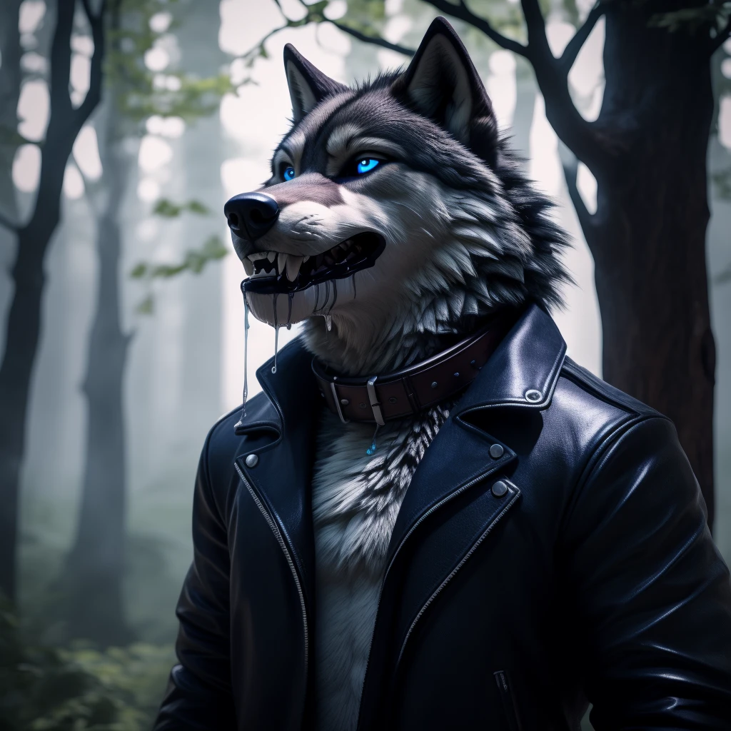 Posing, Male, 30 years old, eyeliner, black leather jacket, anthro, wolf ears, (black fur:1.5), wolf, forest background, 8k, hi res, (best quality, masterpiece), (wolf tail:1.5), detailed fur, solo, blue jeens, blue eyes, collar, evil grin, crazy expression, barring teeth, (drooling:1.5)