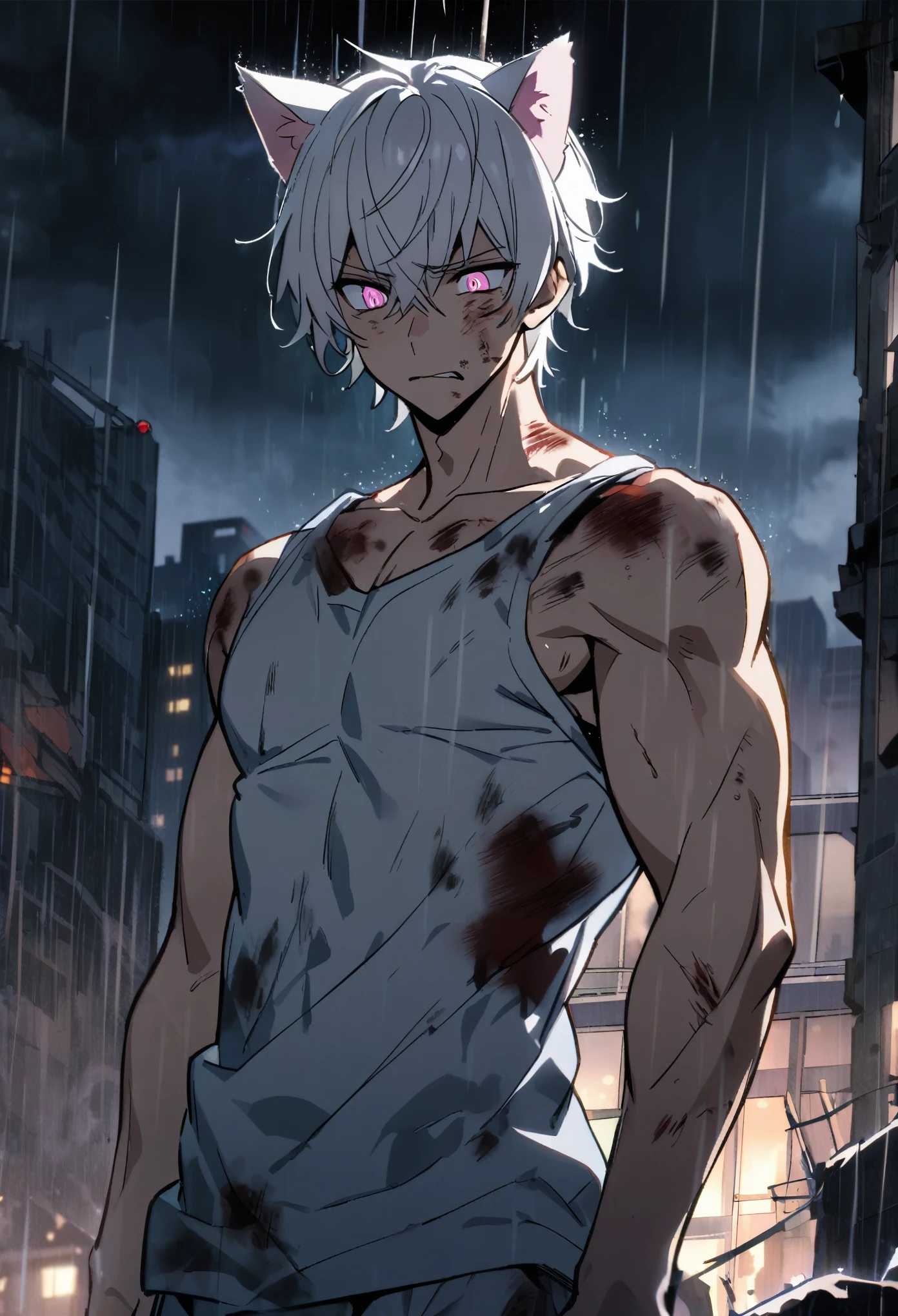 1 men, short white hair, pink eyes, Kitten ears, Hospital Clothes Slightly muscular body, at night, raining, front view, Top of a destroyed building, bruised and bloody body, tired facial expression