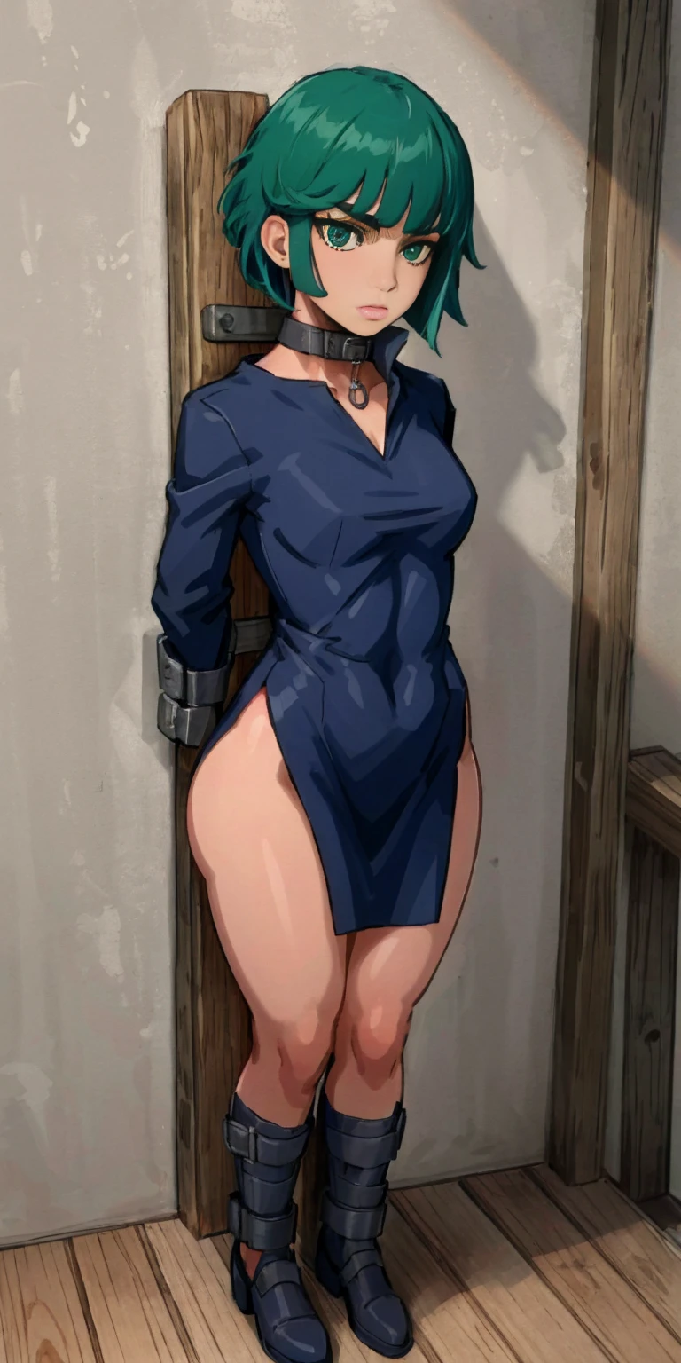 (Masterpiece, best quality, intricate details, 1sologirl) iron collar, arms behind back, iron cuffs, shackles, bound ((standing by wooden pole:1.2)) looking from above happy closed mouth, green short bob haircut