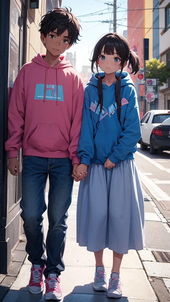 boy and girl holding hands. The boy in the blue sweatshirt and the name written text "Abel" written on the sweatshirt and the girl in the pink sweatshirt with the name Estela, 3d render