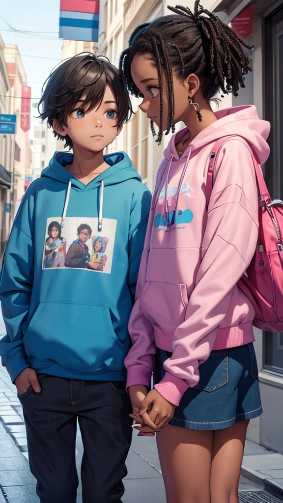 boy and girl holding hands. The boy in the blue sweatshirt and the name written text "Abel" written on the sweatshirt and the girl in the pink sweatshirt with the name Estela, 3d render