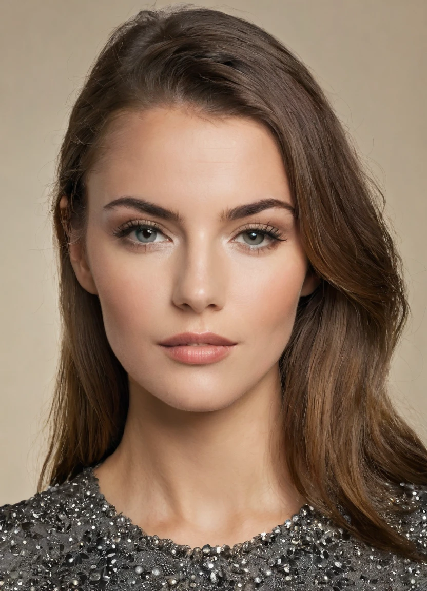 Portrait d'une superbe femme aux yeux bruns perçants et aux longs cheveux blonds fluides, porter un tshirt gris, Réaliste, détails complexes dans les vêtements et les traits du visage, éclairage de studio pour améliorer la profondeur et le réalisme de l'image