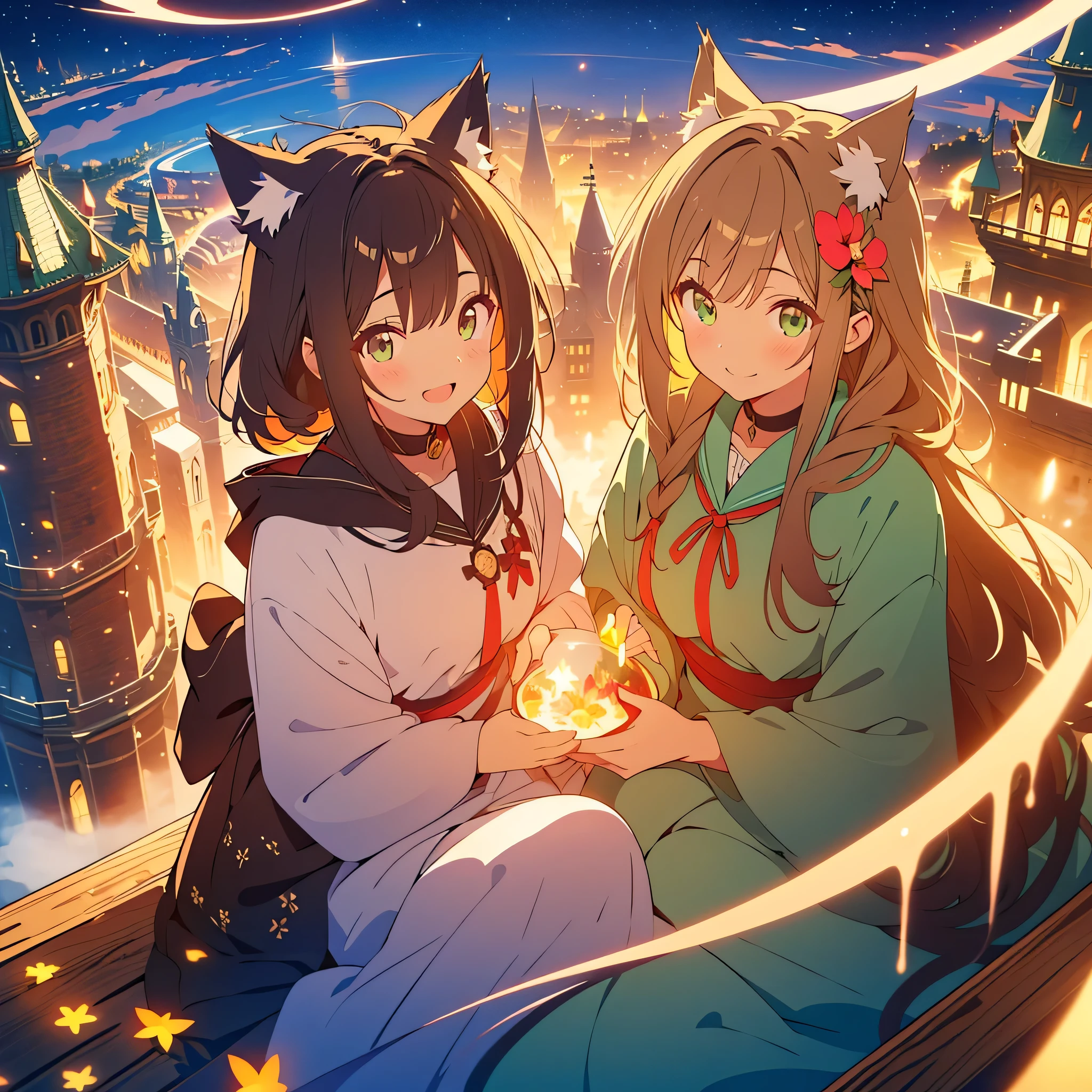 kawaii, anime, Cute, hyper quality, highly detailed, 8k, Front facing, Clarity, brown long hair, green eyes, smile, whole body, Cat ear, amaryllis, Close your eyes and smile with your mouth open, fly in the sky, good sisters, Cat ears stick out from the witch's hat, witch's black robe, fantasy, fog effect, particles of light, Uplifting, magically floating in the air, bird's eye view, flower blooming hill, colorful amaryllis, Cityscape lit with lights, starry sky, clock tower, iris, You can see the cityscape in the distance, night view, western witch, medieval cityscape, cape, amaryllis flower, magic effect, wizard's robe, cat ears, My sister has golden eyes,