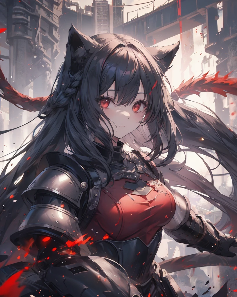 masterpiece, 1catgirl, cat ears, White long hair, Red eyes, intricate Black armour, she is a dragon slayer. She won the fight. Damaged black and Red shirt over the armour. Portrait. Medium breast. Super detailed.