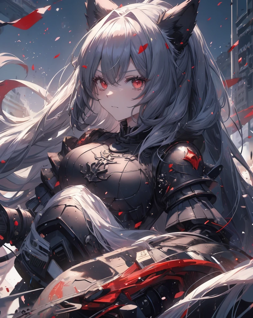 masterpiece, 1catgirl, cat ears, White long hair, Red eyes, intricate Black armour, she is a dragon slayer. She won the fight. Damaged black and Red shirt over the armour. Portrait. Medium breast. Super detailed. 