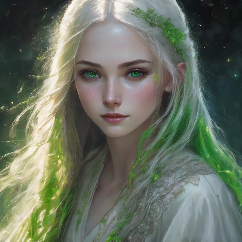 A young girl with long hair and bright green eyes. A pale skin with some scars on the face, sharp nails with a smile wearing evening clothes