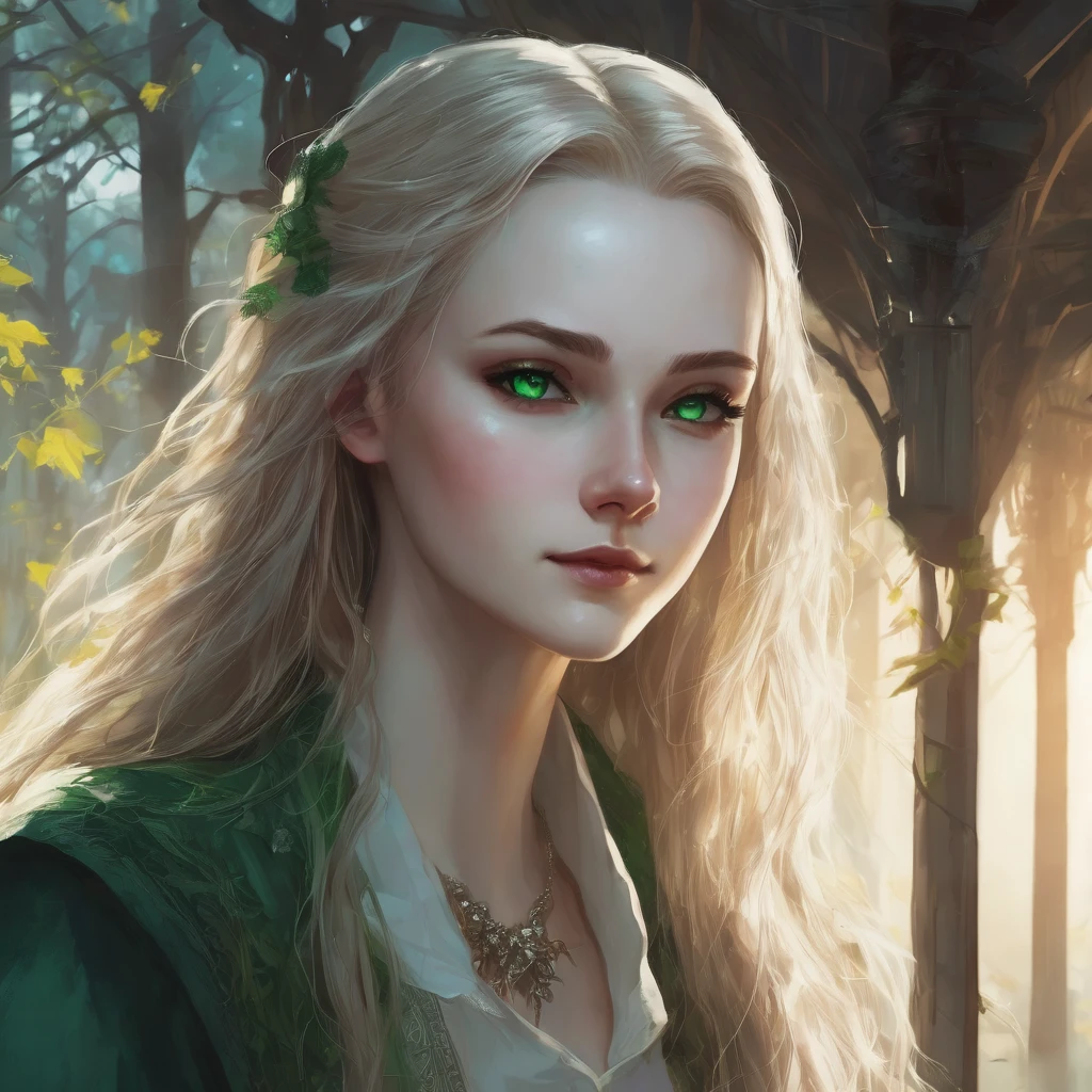 A young girl with long hair and bright green eyes. A pale skin with some scars on the face, sharp nails with a smile wearing evening clothes