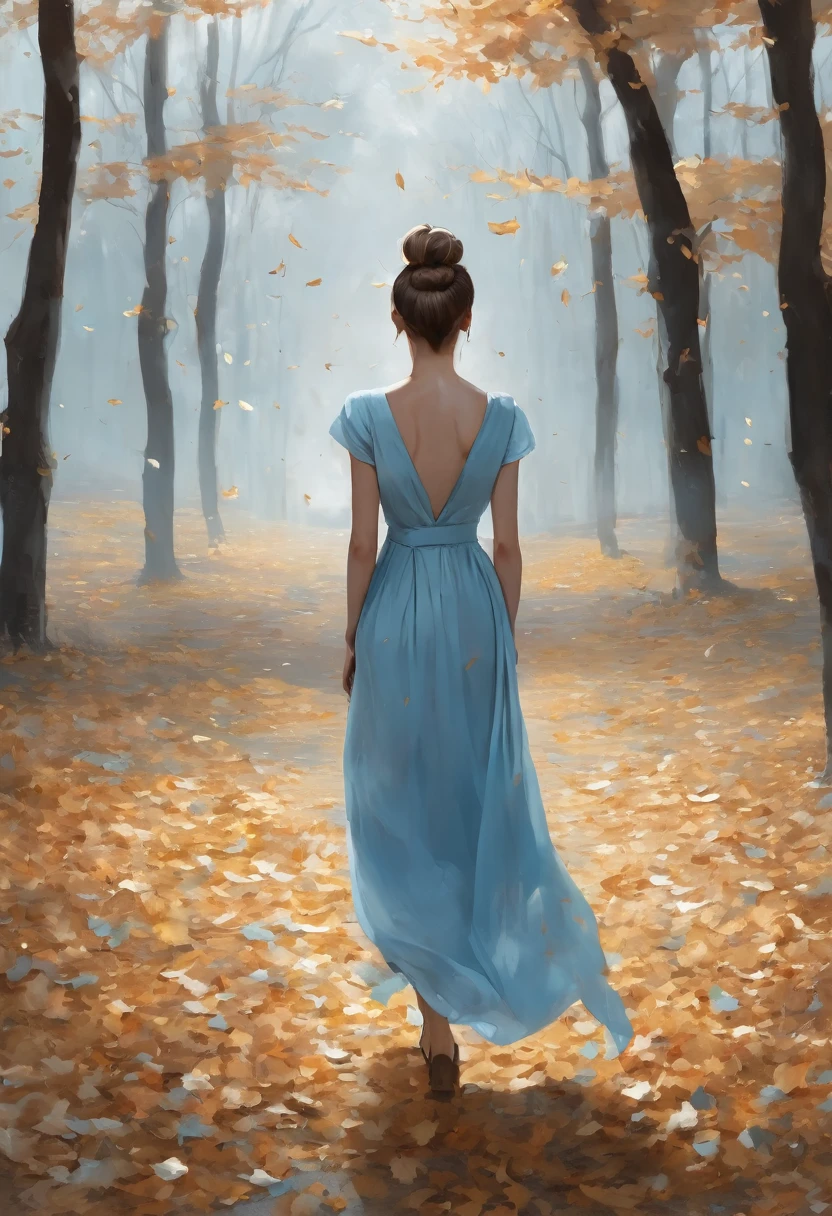Woman from the back with light blue dress open white, Light brown bun hair, dry leaves on the ground and falling