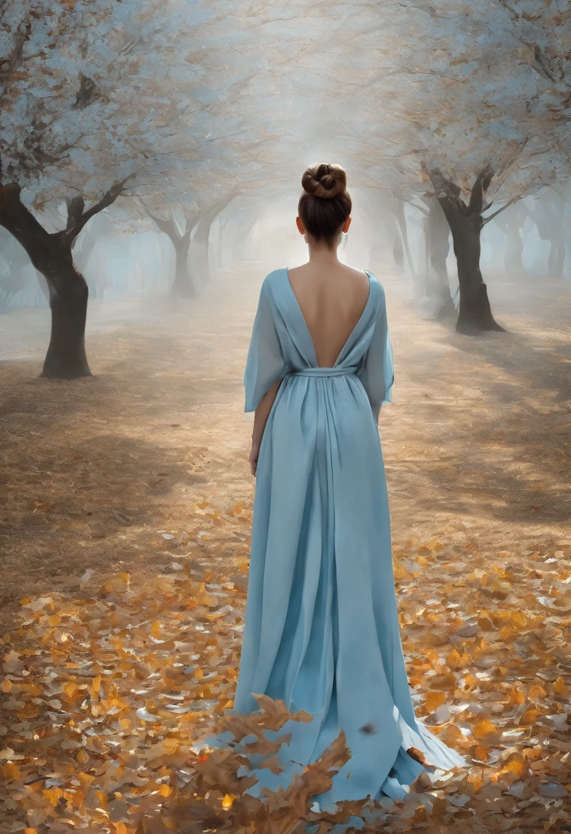 Woman from the back with light blue dress open white, Light brown bun hair, dry leaves on the ground and falling